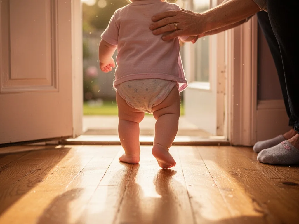A toddler's feet stepping toward an open doorway, a parent's hand gently resting on a small shoulder, warm sunlight stre